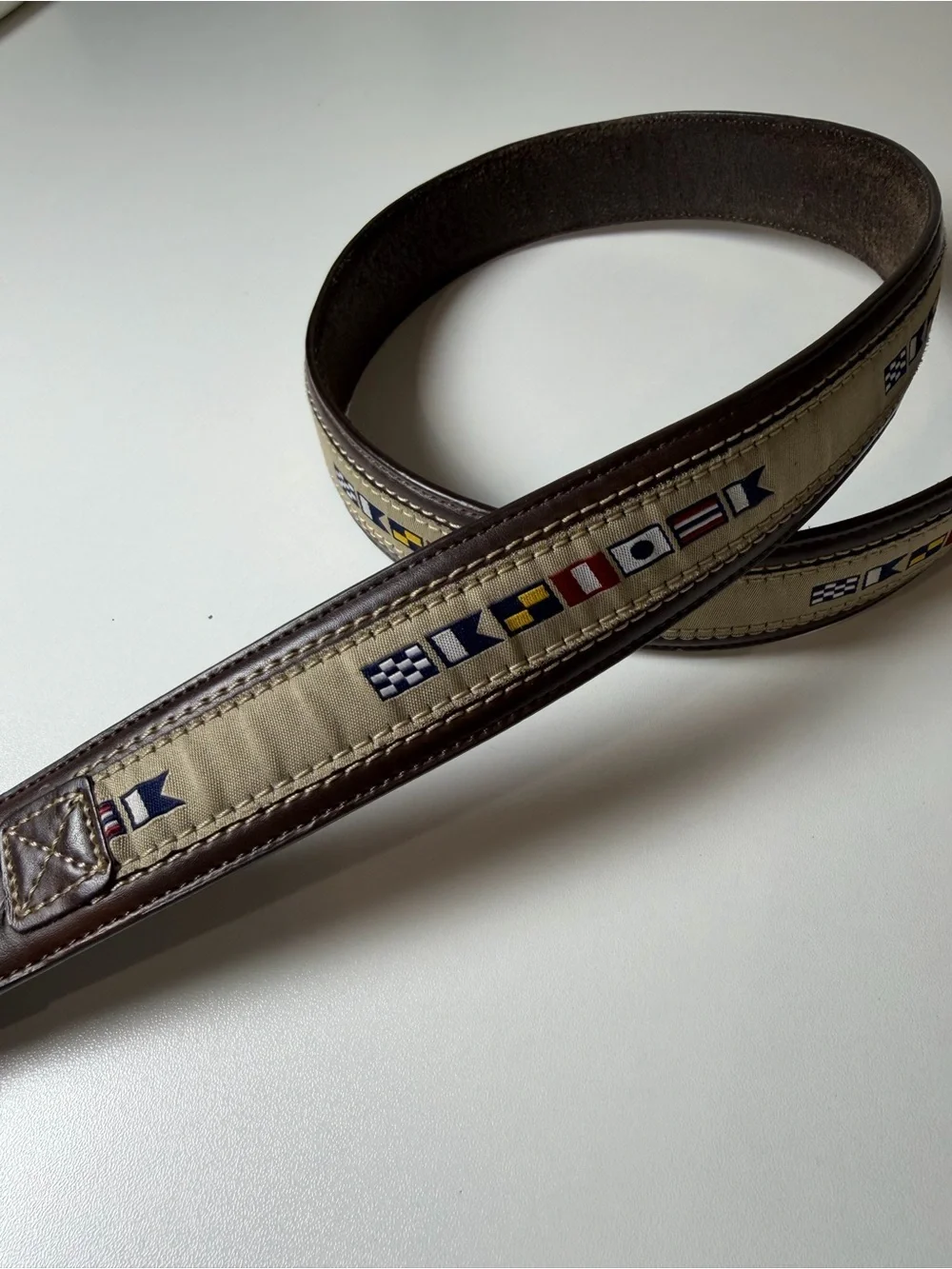 Vintage Leatherman Nautical Theme Sailing Flags Brown Leather Belt Canvas Inlay